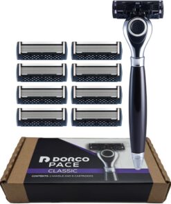 DORCO Pace Classic - Sistema de afeitar de siete hojas con cabezal giratorio y mango premium, paquete de 9 (1 mango + 9 cartuchos)