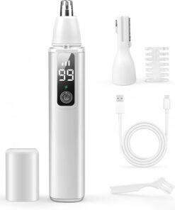 Recortadora de vello de nariz y orejas para mujer, recortadora eléctrica 2 en 1 sin dolor y removedor de vello facial USB-C recargable con pantalla LED de 10000 rpm, potente motor, doble