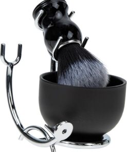 GANAZONO Kit de Afeitado para Hombre con Brocha y Tazón Soporte de Hierro Multifuncional Cepillo Ergonómico para Espuma Densa y Soporte Estable Color Negro y Plata para Cuidado Facial