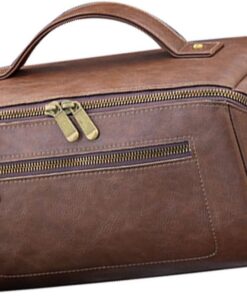 Organizador de artículos de aseo personal de cuero para hombre, bolsa de afeitado de viaje con cremallera principal, bolsillo frontal y asa de transporte para viajes, bolsa de aseo esencial
