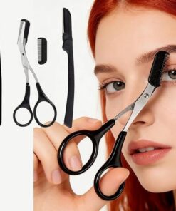 Kit de 3 piezas de aseo de cejas, tijeras de acero inoxidable con peine, pinzas inclinadas, maquinilla de afeitar plegable, herramienta de precisión para modelar el vello facial de punta redondeada