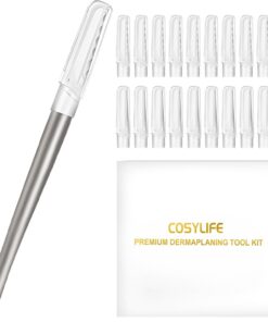 COSYLIFE Herramienta de dermaplaning para cara, 20 repuestos de cuchillas, maquinilla de afeitar Dermaplane para cara, cuchilla removedora de vello para cejas y pelusas de melocotón, afeitadora facial