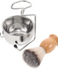 Kit de Afeitado para Hombres Brocha de Cerdas Suaves, Cuenco de Acero Inoxidable y Soporte de Madera, Juego de Brochas y Cuenco para Cuidado Barba y Afeitado Tradicional
