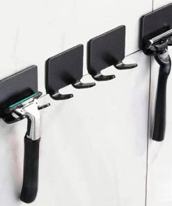 4 ganchos de afeitar sin perforaciones, estante de almacenamiento duradero negro montado en la pared para baño, hogar y dormitorio, acceso conveniente para todos los elementos esenciales de aseo