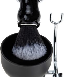 Cepillo de Espuma para Afeitado Hombre Brocha de Barbero Cuenco de Afeitar para Uso Casa o Barbería Color Negro y Plata