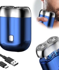 Mini afeitadora eléctrica de doble cabeza, nueva afeitadora de bolsillo USB para hombres, lavable, de doble cabeza, recargable, impermeable, compacta eléctrica (azul)