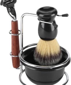 Juego de afeitado 4 en 1 para hombre, mango de madera y cepillo para el pelo con soporte de acero inoxidable y cuenco, gran marido, padre o