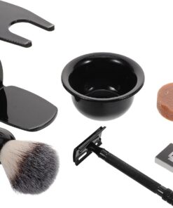 Ciieeo Kit de Afeitado para Hombres, Cepillo de Afeitar Cuenco para Mezclar Espuma, Hoja de Jabón y Soporte para Maquinilla, 1 Juego, Negro, Plástico, Acero Inoxidable, Nylon y Aleación