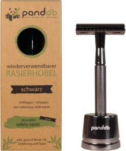 pandoo maquinilla de afeitar incl. soporte metálico, eBook y 10 hojas | Maquinilla de afeitar Zero-Waste | Maquinilla de afeitar de seguridad | Hombres y mujeres | Peine cerrado | Negro