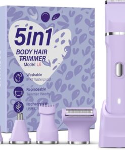 Recortadora de bikini 5 en 1 para mujer, afeitadora eléctrica impermeable IPX7, recortadora de vello corporal inalámbrica, depilación facial y púbica, hoja de cerámica (morado claro)