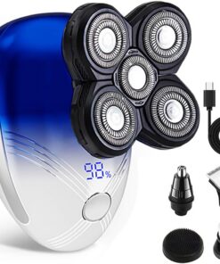 Maquinilla de afeitar eléctrica 5 en 1 para hombres calvos, impermeable y húmeda, inalámbrica, para cabeza y cara, kit de aseo con recortadora de nariz, cortadora de pelo, pantalla LED, carga USB tipo