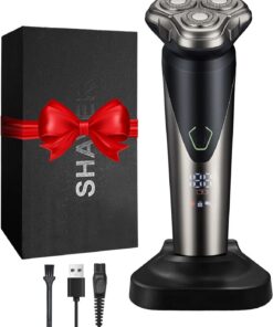 Lorrtta Maquinilla de afeitar eléctrica para hombre, con base de carga y caja de regalo, IPX5, impermeable, 80 minutos de funcionamiento, pantalla LED, recortadora de barba totalmente lavable, regalo