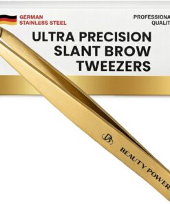 Beauty Power Pinzas profesionales, inclinadas, duraderas, ligeras, de acero inoxidable alemán, de ultra precisión, para depilación facial, barbilla y vello encarnado (oro mate)