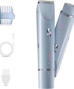 Recortadora de bikini para mujer, maquinilla de afeitar eléctrica 2 en 1 y afeitadora de bikini para mujer, IPX7, impermeable, recortadora de vello corporal y removedor de vello facial, color azul