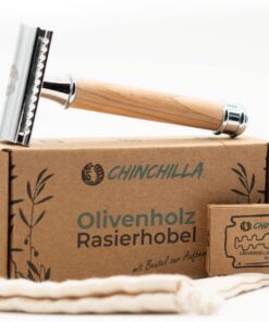 Chinchilla® Maquinilla de afeitar de madera de olivo y metal + 50 cuchillas de afeitar | maquinilla de afeitar en húmedo sostenible para hombre y mujer | Incluye bolsa | Zero Waste & plastikfrei