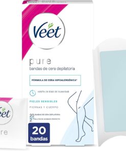 Veet Pure Bandas de Cera Fría Depilatoria para Depilación de Piernas y Cuerpo, Fórmula de Cera Hipoalergénica para Pieles Sensibles, 20 Tiras
