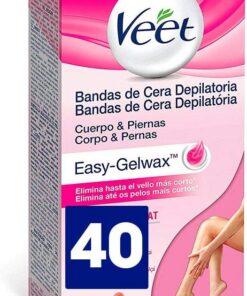 Veet Bandas de Cera Fría Depilatoria para Depilación de Cuerpo y Piernas con Manteca de Karité y Bayas de Açaí, Easy Gelwax, Pieles Normales, 40 Bandas (3035224)
