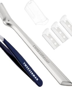 Tweezerman Exclusiva maquinilla de afeitar para cejas y mini pinzas inclinadas color azul noche