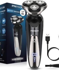 PRITECH Maquinilla de afeitar eléctrica para hombre, rotativa, inalámbrica | Portátil, uso húmedo y seco, bloqueo de viaje, pantalla LED, IPX6 impermeable, ligero, carga rápida USB, regalo para hombres