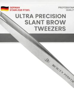 Beauty Power Pinzas profesionales, inclinadas, duraderas, ligeras, de acero inoxidable alemán, pinzas de ultra precisión para cejas, vello facial, barbilla y depilación encarnada (gris mate)