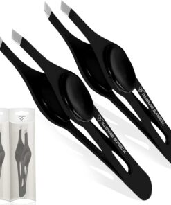 Juego de 2 pinzas profesionales para cejas, punta inclinada, de acero inoxidable, color negro, antideslizante, para vello facial, depilación, eliminación de vellos encarnados, pinzas para mujeres y