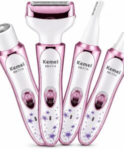 KEMEI 7114 Maquinilla de afeitar eléctrica 4 en 1 y depilación facial para mujer, color rosa | Batería de 500 mAh; hasta 90 minutos de funcionamiento; carga USB de 2 horas; accesorios para cuerpo, cara, cejas y nariz