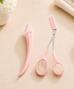 Juego de 2 piezas de corte de cejas rosa, tijeras de acero inoxidable y maquinilla de afeitar con peine, herramientas profesionales de aseo de cejas para dar forma precisa