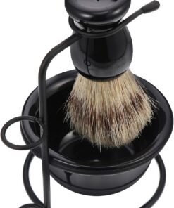 Happyyami Juego de Afeitado para Hombre Cepillo Profesional para Bigote, Cuenco de Afeitar Negro Resistente al Desgaste y Soporte Metálico Práctico, Kit Cuidado Facial para Uso Diario