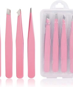 Juego de 4 pinzas profesionales de acero inoxidable, pinzas de precisión para cejas, vello facial, pelo encarnado, astillas y removedor de puntos negros (pink)