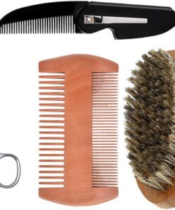 Ciieeo Juego de Cuidado de Barba para Hombre 4 Piezas, Cepillo de Cerdas de Jabalí, Peine de Madera Doble Cara para Bigote y Barba, Tijeras de Acero Inoxidable, Kit Portátil para