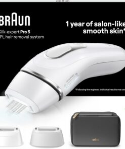 Braun Depiladora Luz Pulsada Silk·expert Pro 5, PL5145, Blanca/Plateada | Alternativa a Depiladora Laser para Hombre, Eliminación del Vello en Casa, Funda, Maquinilla de Afeitar Gillette, 2 Cabezales