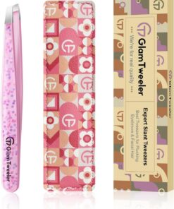 GlamTweeler - Pinzas para depilación de cejas con funda de cuero, pinzas de acero inoxidable de punta inclinada de alta precisión para hombres y mujeres (rosa cerezo)