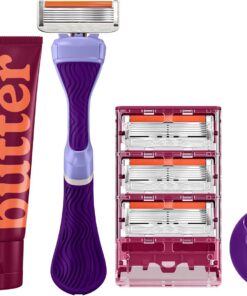 Dollar Shave Club Mujer | 1 mango ondulado púrpura, 4 cartuchos de maquinilla de afeitar, 1 mantequilla de afeitar de cachemira, 1 percha de ducha | maquinilla de afeitar para mujer