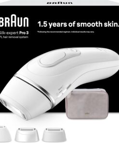 Braun Luz Pulsada Silk·expert Pro 3, PL3230, Blanca/Plateada | Alternativa a Depiladora Laser, Eliminación del Vello en Casa, Depiladora IPL con Funda Y 3 Cabezales para Cara Y Cuerpo
