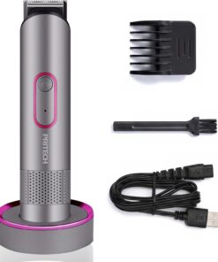 PRITECH Recortadora de bikini para mujer, recortadora de vello púbico recargable para piel sensible, uso húmedo y seco, maquinilla de afeitar eléctrica sin dolor con base de recarga de pie, regalo