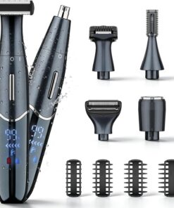 QREEYX Recortadora de pelo corporal 6 en 1 para hombre, afeitadora eléctrica impermeable con pantalla LED, kit de aseo inalámbrico recargable por USB con 4 peines guía para púbico, cara, barba, nariz
