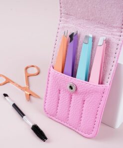 Juego de 6 pinzas para cejas para mujer, pinzas de precisión para cejas con tijeras curvadas para depilar cabello encarnado, herramientas de belleza diarias con estuche de viaje de cuero