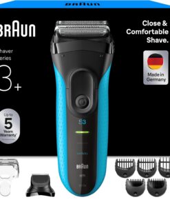 Braun Afeitadora eléctrica serie 3+, 3 cuchillas flexibles, micropeine de eficiencia, accesorio para recortadora de barba, +5 peines, maquinilla de afeitar húmeda y seca para hombres, fabricada en