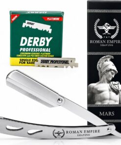 Maquinilla de afeitar de mano libre Mars de Roman Empire Shaving | Maquinilla de afeitar profesional para barba, bigote y contornos con juego de 100 cuchillas Derby Profesional