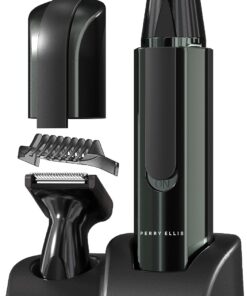 Perry Ellis Kit de aseo inalámbrico para hombre con soporte, recortador de barba para hombres con 2 cabezales intercambiables, recortador de cejas, patillas, orejas y nariz para hombres, resistente al