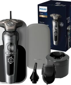 Philips Serie 9000 Prestige Afeitadora Eléctrica Hombre,Máquina de Afeitar Barba con Barbero, 60min de uso, En Seco y Húmedo, Recargable, Centro de Limpieza, Base Carga QI, Naricero, SP9885/35, Cromo