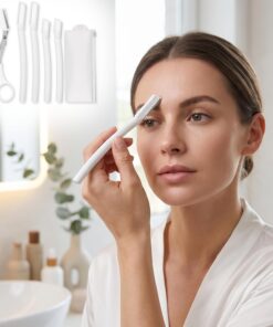 Kit de aseo de cejas de 5 piezas, tijeras de cejas con peine, cuchillas de afeitar de mango largo y corto con cubiertas de seguridad, herramientas de dermaplaning para modelar cejas y depilación
