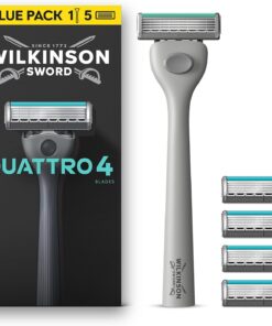 Wilkinson Sword Quattro Maquinillas de afeitar para hombre, Pack ahorro, 4 hojas con revestimiento de diamante, mango de maquinilla y 5 recambios de cuchilla