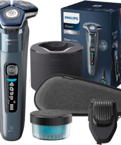 Philips Serie 7000 Afeitadora Eléctrica Hombre, Máquina de Afeitar Barba con Barbero, 45 cuchillas, Para piel sensible, 60min de uso, En Seco y Húmedo, Recargable, Centro de Limpieza, S7882/54, Azul