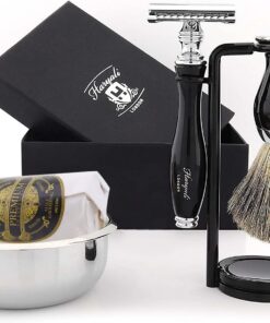 Set de afeitado clásico de 5 piezas con brocha de pelo de tejón, maquinilla de afeitar, soporte para maquinilla de afeitar, bol de acero inoxidable y jabón
