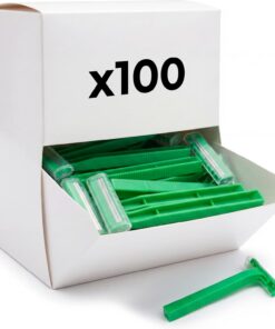 KMINA Cuchillas de Afeitar Desechables con Peine, Doble Hoja (100 uds) | Maquinillas de rasurado para hombre y mujer, acero inoxidable sin látex, mango termoplástico, uso hospitalario