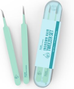 Base Labs - Juego de pinzas de pelo encarnado, 4 pinzas de precisión para depilación encarnada, pinzas de acero inoxidable de punta curva y puntiaguda con funda protectora para golpes de afeitar
