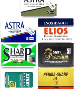 Razor Blades Club Hojas de afeitar Astra, Derby, Elios, Permasharp, muestrario de 40 hojas de doble filo