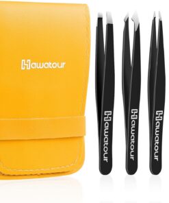 Juego de pinzas, 4 pinzas para cejas con funda de cuero, gran precisión para cejas, cabello encarnado, astillas, depilación facial por HAWATOUR, color negro