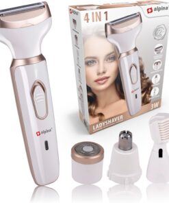 alpina Maquinilla de afeitar para mujer – Multifuncional – Afeitadora corporal y cara – recortadora de cejas – Afeitadora eléctrica para mujer con batería USB – Blanco/Oro
